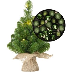 Mini kerstboom/kunstboom met verlichting 45 cm en inclusief kerstballen groen - Kerstversiering