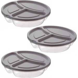 3x Lunchboxen/bewaarbakjes rond 3- vaks licht grijs met deksel 2.6 liter - Keukenbenodigdheden - Eten bewaren - Vershoudbakjes