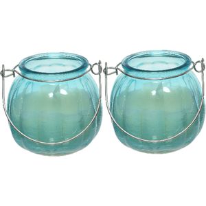 Decoris citronella kaarsen - 2x - in gekleurd glas - 15 branduren - 8 cm - blauw