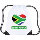 Zuid Afrika nylon rijgkoord rugzak/ sporttas wit met Zuid Afrikaanse vlag in hart