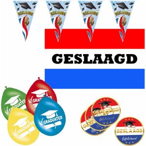 Geslaagd thema feestartikelen pakket 11 artikelen klein - Diploma gehaald versieringen - vlaggen/ballonnen/bierviltjes