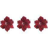 3x Stuks Decoratie Bloemen Kerstster Rood Glitter Op Clip 24 cm