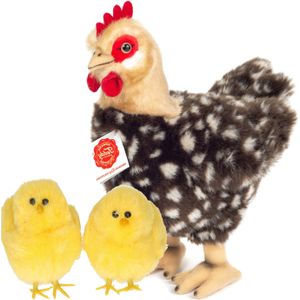 Pluche kip knuffel - 24 cm - multi kleuren - met 2x gele kuikens van 9 cm - kippen familie - Pasen decoratie/versiering