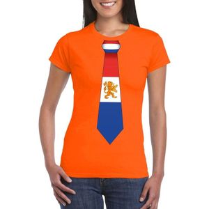 Oranje t-shirt met Hollandse vlag stropdas dames -  Oranje Koningsdag/ Holland supporter kleding