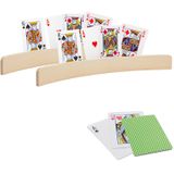 2x stuks Speelkaarthouders - inclusief 54 speelkaarten groen geruit - hout - 35 cm - kaarthouders
