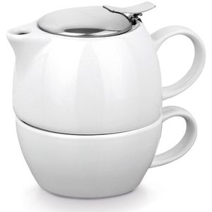 Witte theepot met zeef en kopje keramiek 430 ml 13 cm - Theeset - Theepotje met infuser - Tea for one set