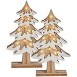 Set van 2x stuks houten kerstboompjes decoratie van 25 cm met LED verlichting - Deco kerstmis ornament