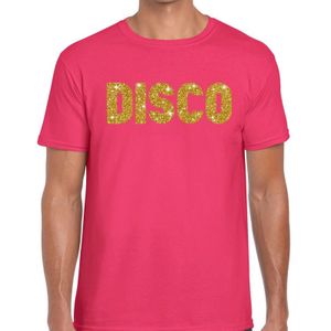 Bellatio Decorations Verkleed T-shirt heren - disco - roze - gouden glitter - 70s/80s - carnaval