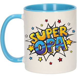 Super opa cadeau koffiemok / theebeker wit en blauw met sterren - 300 ml - keramiek - cadeau / bedankje aan opa