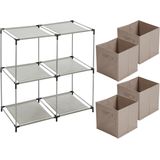 Urban Living Kastmandjes/opberg manden - beige - 4x stuks van 29L - Metalen rekje is 67 x 68 cm