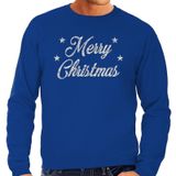 Foute Kersttrui / sweater - Merry Christmas - zilver / glitter - blauw - heren - kerstkleding / kerst outfit