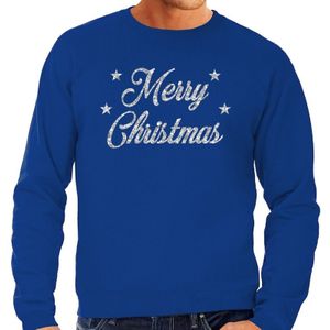 Foute Kersttrui / sweater - Merry Christmas - zilver / glitter - blauw - heren - kerstkleding / kerst outfit