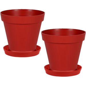 Set van 4x stuks bloempotten Toscane kunststof rood D20 x H17 cm inclusief onderschalen D15 cm - Plantenpotten set