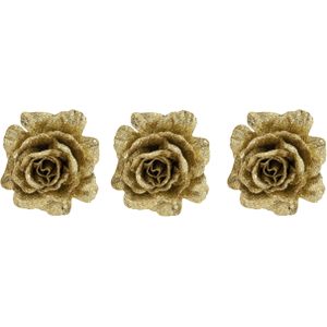6x stuks decoratie bloemen roos goud glitter op clip 10 cm - Decoratiebloemen/kerstboomversiering/kerstversiering