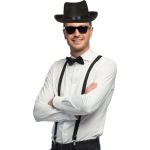 Carnaval verkleed set compleet - gangster/maffia hoedje/bretels/bril/strikje - zwart - heren - verkleedkleding