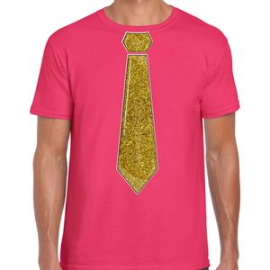Bellatio Decorations Verkleed shirt heren - stropdas glitter goud - roze - carnaval - foute party