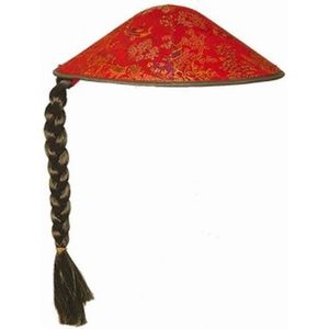 Aziatische/Chinese verkleed hoed rood met vlecht - Carnaval
