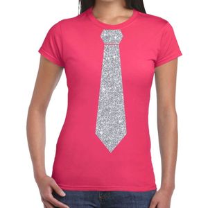 Roze fun t-shirt met stropdas in glitter zilver dames