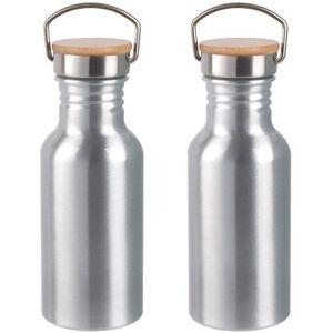 2x Stuks aluminium waterfles/drinkfles zilver met bamboe schroefdop 550 ml - Sportfles - Bidon