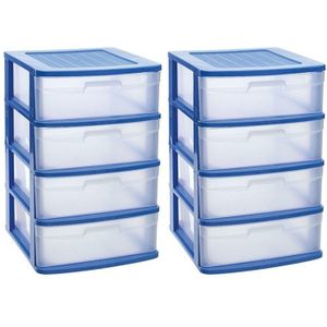 2x stuks ladeblok/bureau organizer met 4x lades blauw/transparant - L40 x B39 x H65 cm - Opruimen/opbergen laatjes