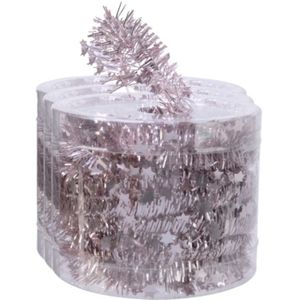 Decoris kerstslinger - 3x st- met sterren - lichtroze - lametta - 700 cm