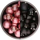 Kerstversiering kunststof kerstballen kleuren mix zwart/oud roze 6-8-10 cm pakket van 44x stuks