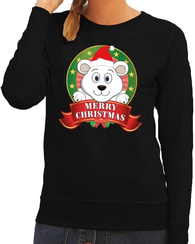 Foute kersttrui / sweater ijsbeer - zwart - Merry Christmas voor dames