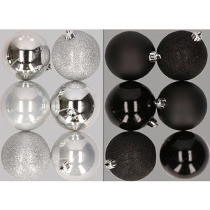 12x stuks kunststof kerstballen mix van zilver en zwart 8 cm - Kerstversiering