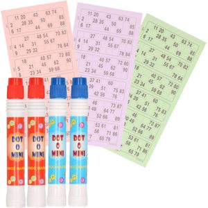 4x Bingostiften/markeerstiften - 2x stuks in de kleuren blauw/rood met 200 papieren bingokaarten van 1-90