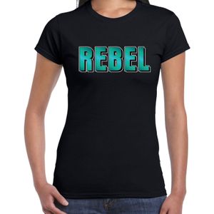 Rebel t-shirt zwart met turquoise letters voor dames - Fun tekst shirt / kado t-shirt