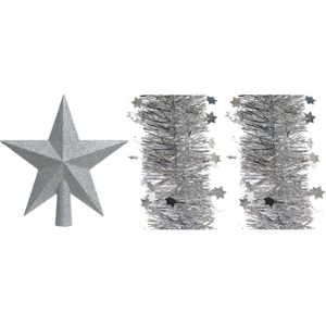 Set van een kerst ster piek en 2x stuks kerstslingers zilver 270 x 10 cm - Kerstversiering