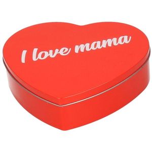 Rood I Love Mama hart blik cadeau snoepblik/snoeptrommel 18 cm - Moederdag kado - Cadeauverpakking rode hartjes opbergblikken/voorraadblikken