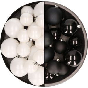 Kerstversiering kunststof kerstballen kleuren mix zwart/wit 4-6-8 cm pakket van 68x stuks