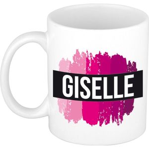 Giselle  naam cadeau mok / beker met roze verfstrepen - Cadeau collega/ moederdag/ verjaardag of als persoonlijke mok werknemers
