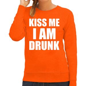 Fun sweater - kiss me I am drunk - oranje - dames - Feest outfit / kleding / trui / Koningsdag/ Nederland/ EK/ WK