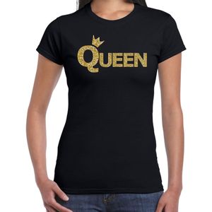 Koningsdag Queen t-shirt zwart met gouden letters en kroon dames - Koningsdag kleding / outfit