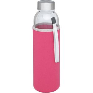 Glazen waterfles/drinkfles met roze softshell bescherm hoes 500 ml - Sportfles - Bidon