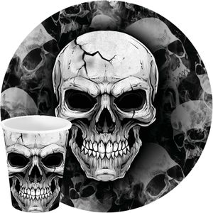 Fiestas Halloween/horror schedel/doodshoofd feest servies - borden en bekers - 24x - zwart- papier