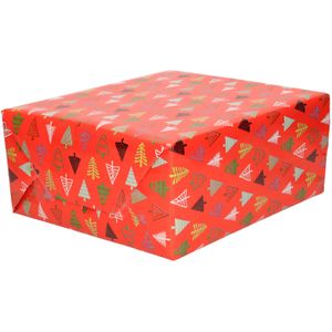 5x Rollen Kerst inpakpapier/cadeaupapier rood/gekleurde bomen 2,5 x 0,7 cm - Luxe papier kwaliteit kerstpapier - Kerstmis