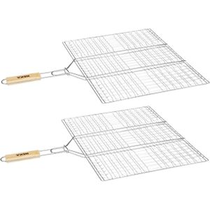 BBQ/barbecue hamburger grill klem - 2x - Rechthoek - houten handvat - 40 x 50 cm - grill rooster