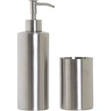 Badkamerset zeeppompje en beker/tandenborstelhouder zilver RVS 21 cm - badkamer accessoires