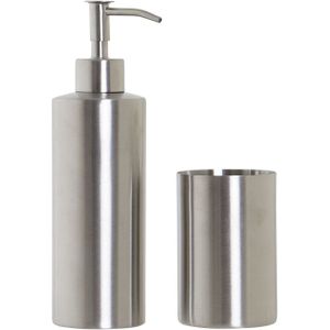 Badkamerset zeeppompje en beker/tandenborstelhouder zilver RVS 21 cm - badkamer accessoires