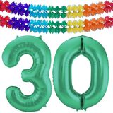 Folat folie ballonnen - Leeftijd cijfer 30 - glimmend groen - 86 cm - en 2x slingers