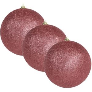 3x Grote koraal rode glitter kerstballen 18 cm - hangdecoratie / boomversiering glitter kerstballen