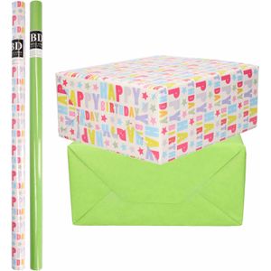 4x Rollen kraft inpakpapier happy birthday pakket - groen 200 x 70 cm - cadeau/verzendpapier