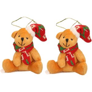 2x Kersthangers knuffelbeertjes beige met gekleurde sjaal en muts 7 cm - Kerst hangdecoratie - Kerstboom versiering