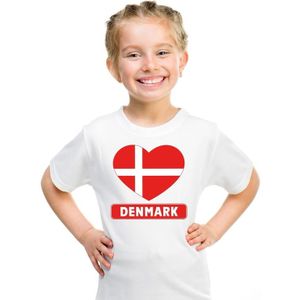 Denemarken kinder t-shirt met Deense vlag in hart wit jongens en meisjes