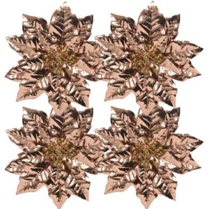 Decoris Kerstboomversiering bloemen op clip - 4x st - koper - 24 cm - kunststof