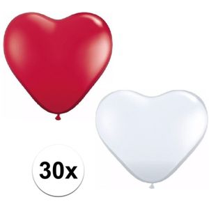 30x bruiloft ballonnen wit / rood hartjes versiering 15 cm - huwelijk / valentijn