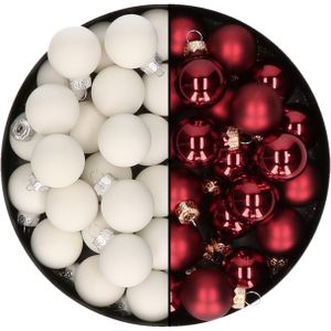Mini kerstballen - 48x st - donkerrood en satijn wit - 2,5 cm - glas - kerstversiering
